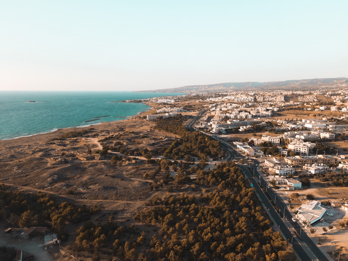 Aerial view of housing along the Paphos coastline in Cyprus