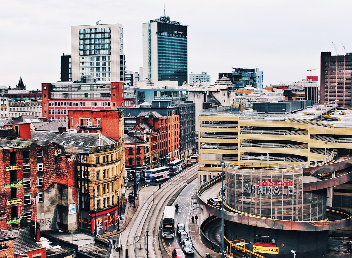 Manchester city centre skyline with red-brick buildings, the Arndale and modern towers